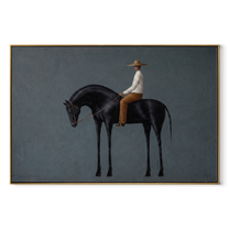 Black Horse Bows Gently - rider on black horse by Marcus Lau, Retro Modern horizontal wall art – wood frame on white background