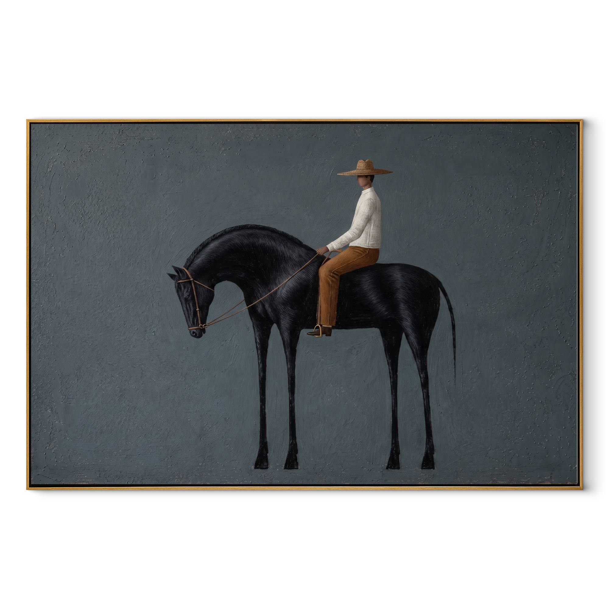Black Horse Bows Gently - rider on black horse by Marcus Lau, Retro Modern horizontal wall art – wood frame on white background