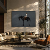 Black Horse Bows Gently - rider on black horse by Marcus Lau, Retro Modern horizontal wall art – styled room scene view 2