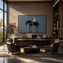 Black Horse Bows Gently - rider on black horse by Marcus Lau, Retro Modern horizontal wall art – styled room scene view 3