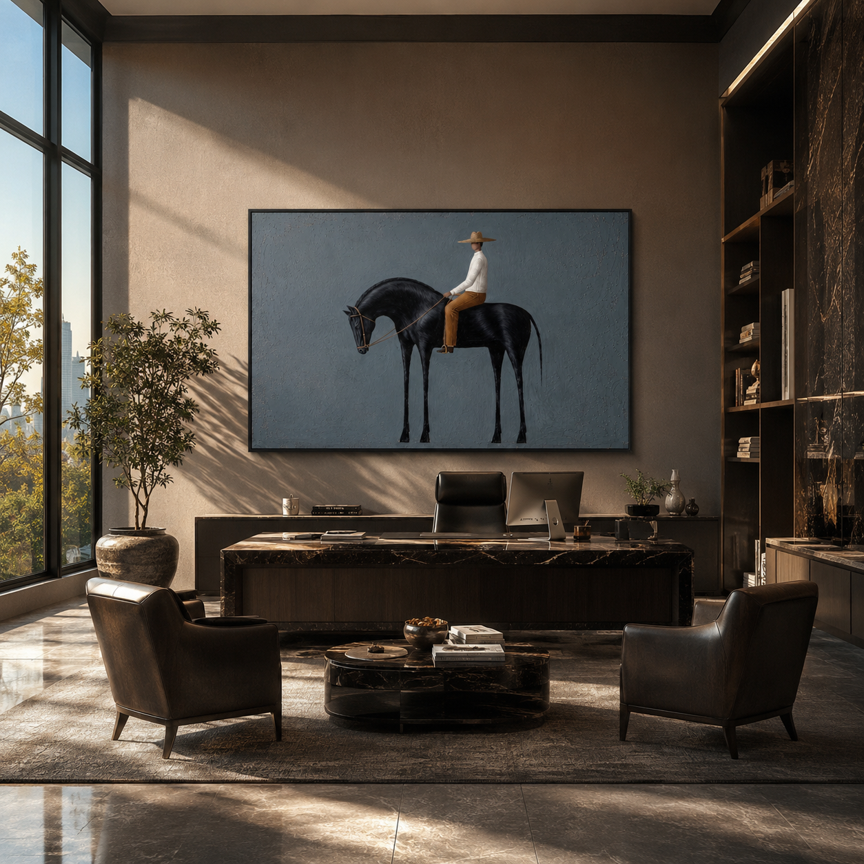 Black Horse Bows Gently - rider on black horse by Marcus Lau, Retro Modern horizontal wall art – styled room scene view 3