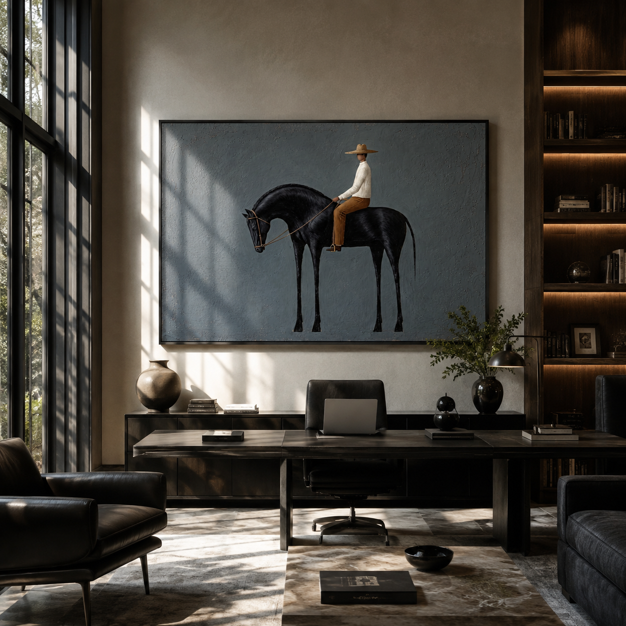 Black Horse Bows Gently - rider on black horse by Marcus Lau, Retro Modern horizontal wall art – styled room scene view 4