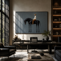 Black Horse Bows Gently - rider on black horse by Marcus Lau, Retro Modern horizontal wall art – styled room scene view 4