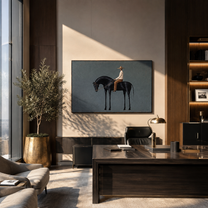 Black Horse Bows Gently - rider on black horse by Marcus Lau, Retro Modern horizontal wall art – styled room scene view 5