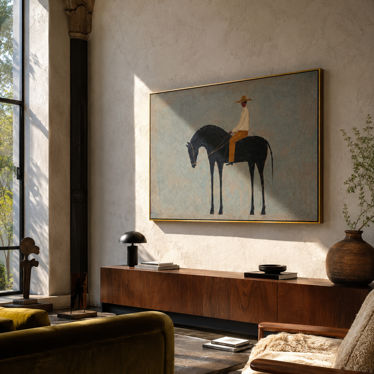 Quiet Rider Keeps Distance - small rider on black horse by Marcus Lau, Retro Modern horizontal wall art – styled room scene view 1