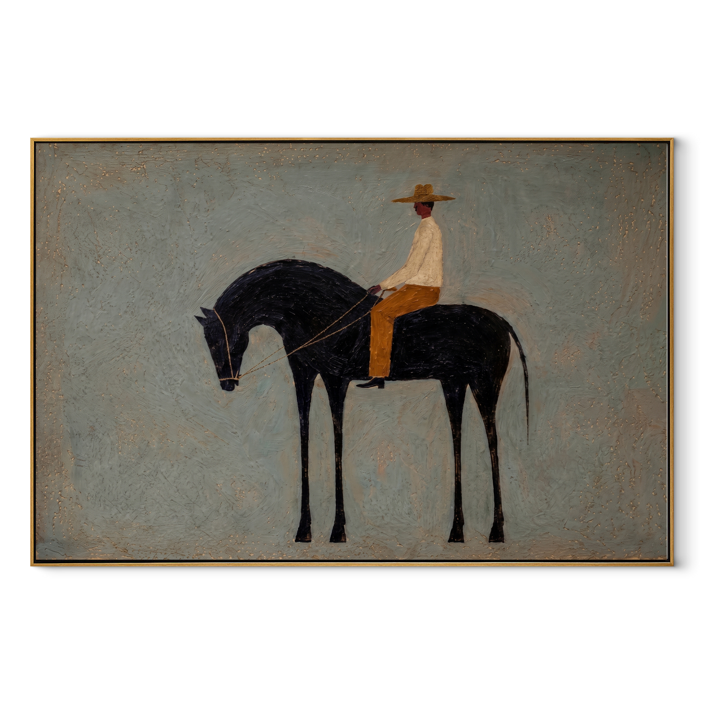 Quiet Rider Keeps Distance - small rider on black horse by Marcus Lau, Retro Modern horizontal wall art – wood frame on white background