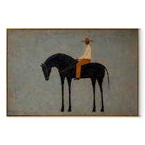 Quiet Rider Keeps Distance - small rider on black horse by Marcus Lau, Retro Modern horizontal wall art – wood frame on white background