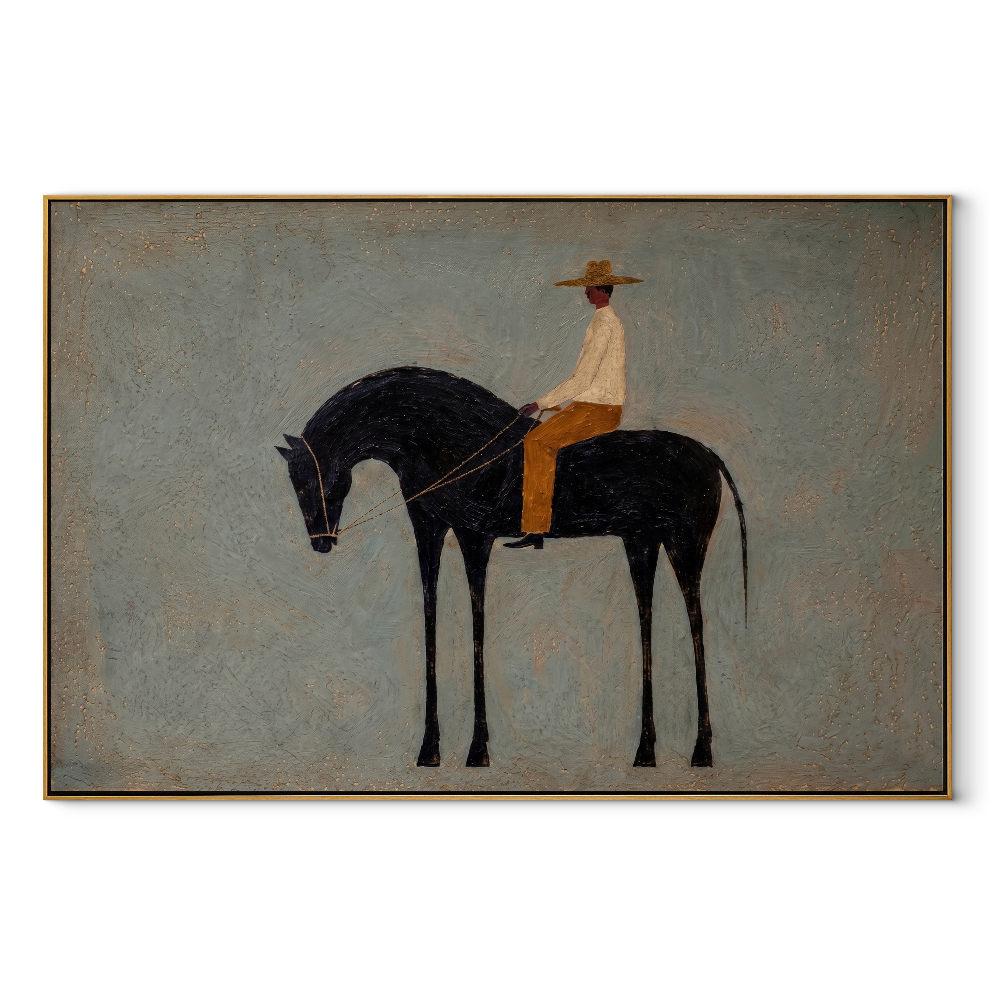 Quiet Rider Keeps Distance - small rider on black horse by Marcus Lau, Retro Modern horizontal wall art – wood frame on white background