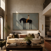 Quiet Rider Keeps Distance - small rider on black horse by Marcus Lau, Retro Modern horizontal wall art – styled room scene view 2