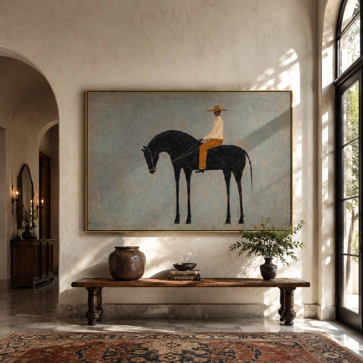 Quiet Rider Keeps Distance - small rider on black horse by Marcus Lau, Retro Modern horizontal wall art – styled room scene view 3