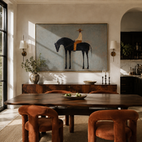 Quiet Rider Keeps Distance - small rider on black horse by Marcus Lau, Retro Modern horizontal wall art – styled room scene view 4