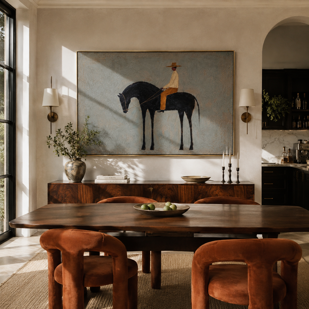 Quiet Rider Keeps Distance - small rider on black horse by Marcus Lau, Retro Modern horizontal wall art – styled room scene view 4
