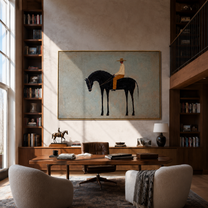 Quiet Rider Keeps Distance - small rider on black horse by Marcus Lau, Retro Modern horizontal wall art – styled room scene view 5