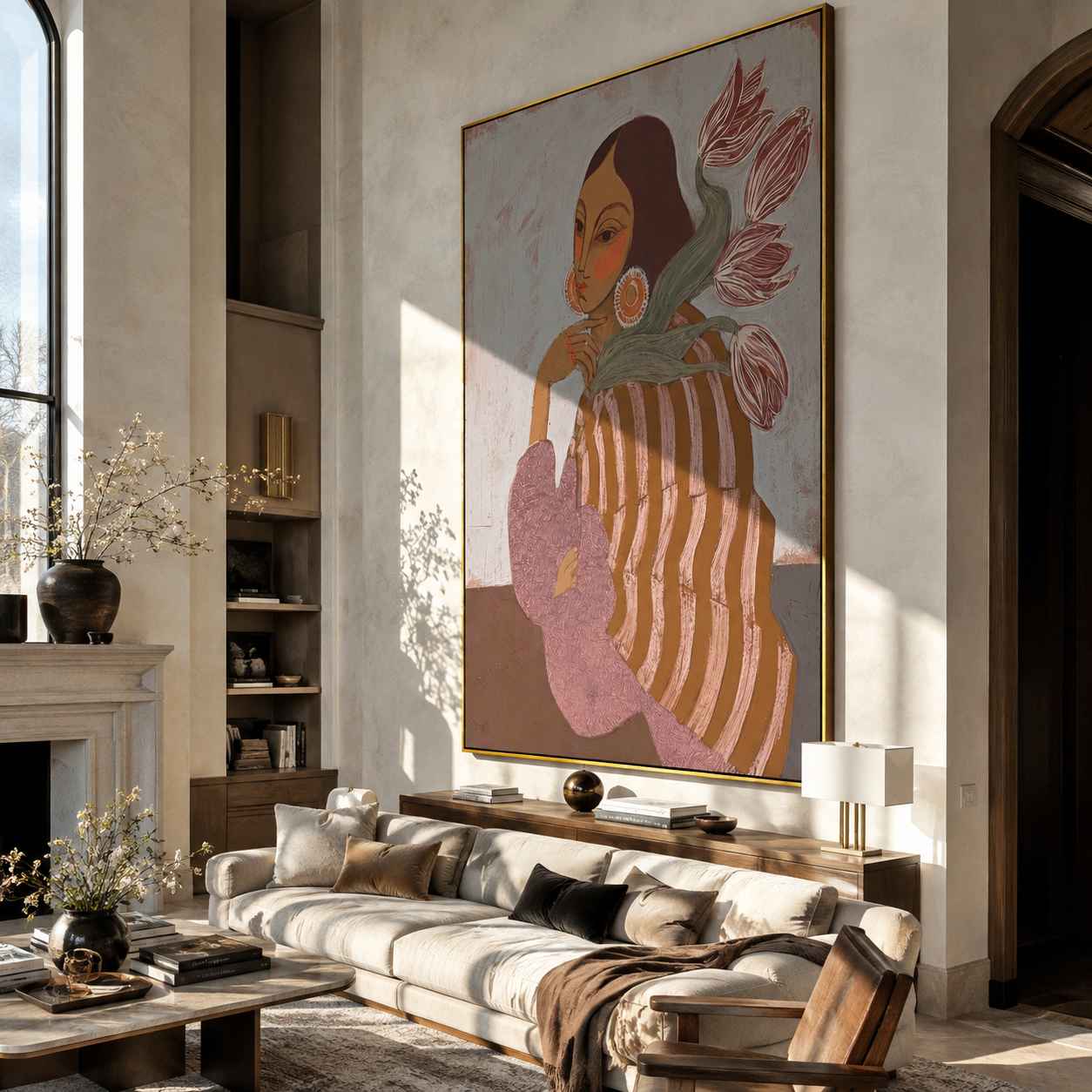 Pink Tulips Lean Close - striped woman with flowers by Marcus Lau, Retro Modern vertical wall art – styled room scene view 1