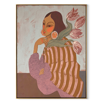Pink Tulips Lean Close - striped woman with flowers by Marcus Lau, Retro Modern vertical wall art – wood frame on white background
