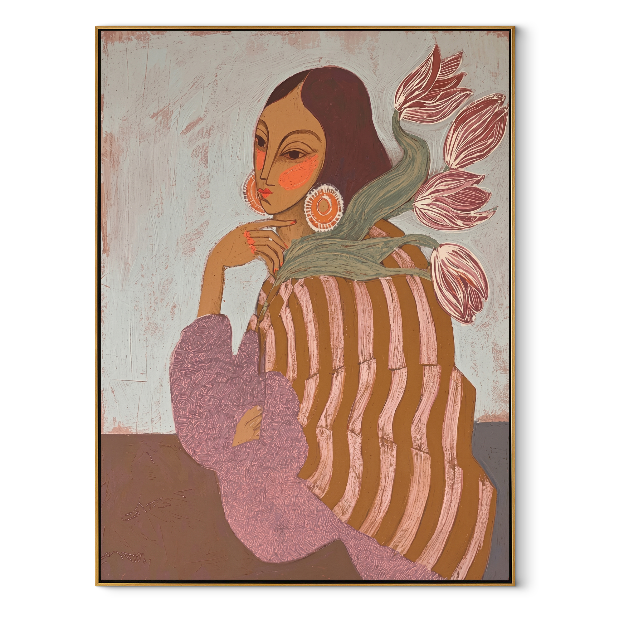 Pink Tulips Lean Close - striped woman with flowers by Marcus Lau, Retro Modern vertical wall art – wood frame on white background