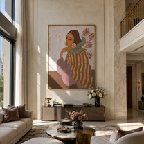 Pink Tulips Lean Close - striped woman with flowers by Marcus Lau, Retro Modern vertical wall art – styled room scene view 2