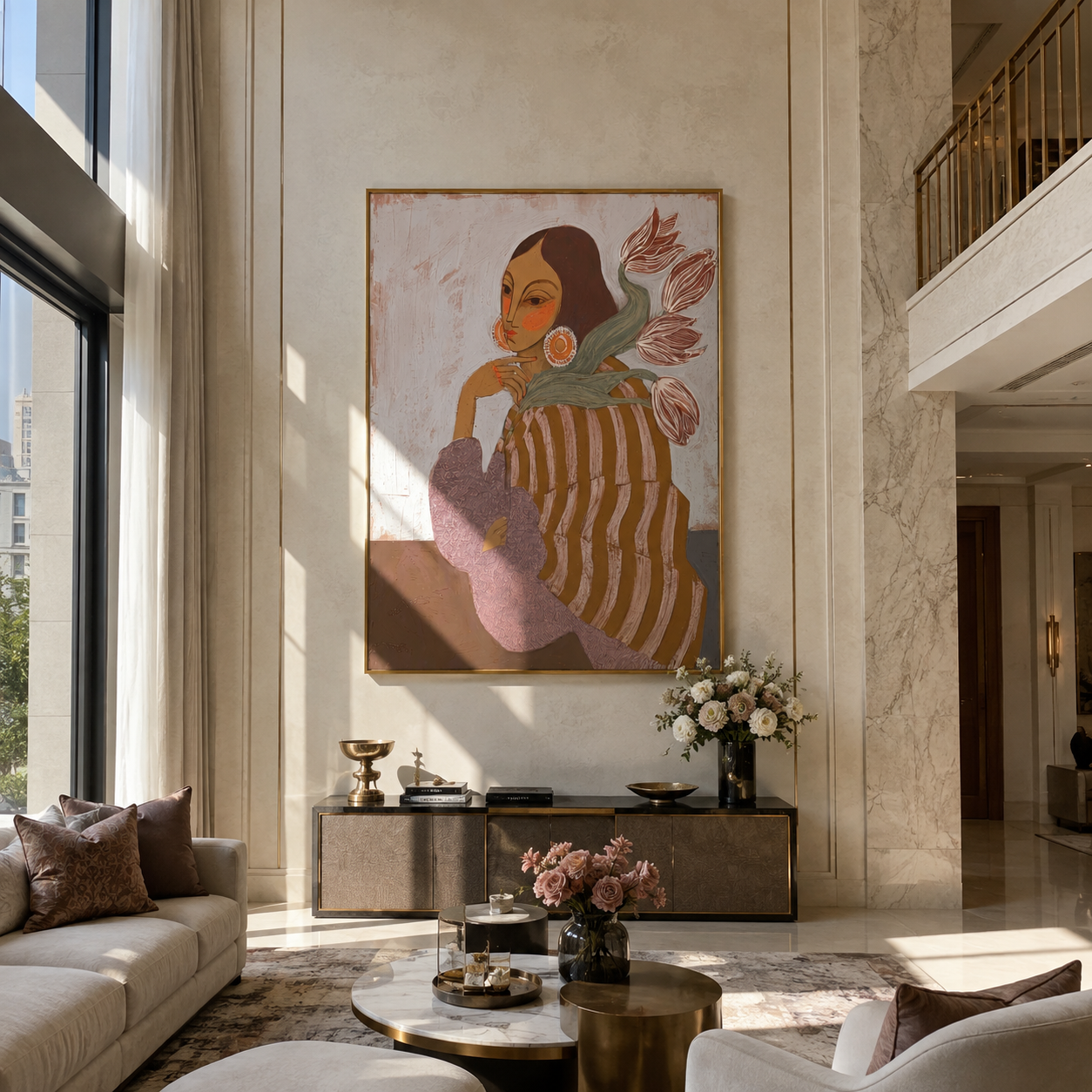 Pink Tulips Lean Close - striped woman with flowers by Marcus Lau, Retro Modern vertical wall art – styled room scene view 2