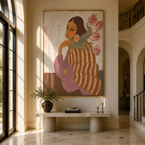 Pink Tulips Lean Close - striped woman with flowers by Marcus Lau, Retro Modern vertical wall art – styled room scene view 3