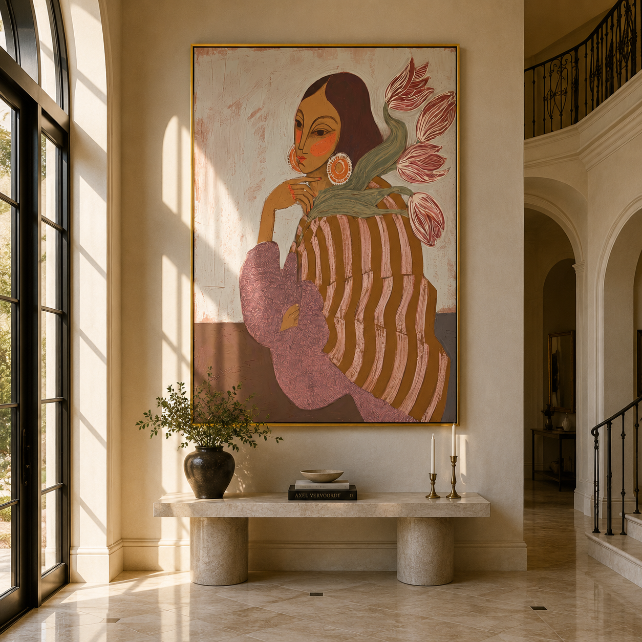 Pink Tulips Lean Close - striped woman with flowers by Marcus Lau, Retro Modern vertical wall art – styled room scene view 3