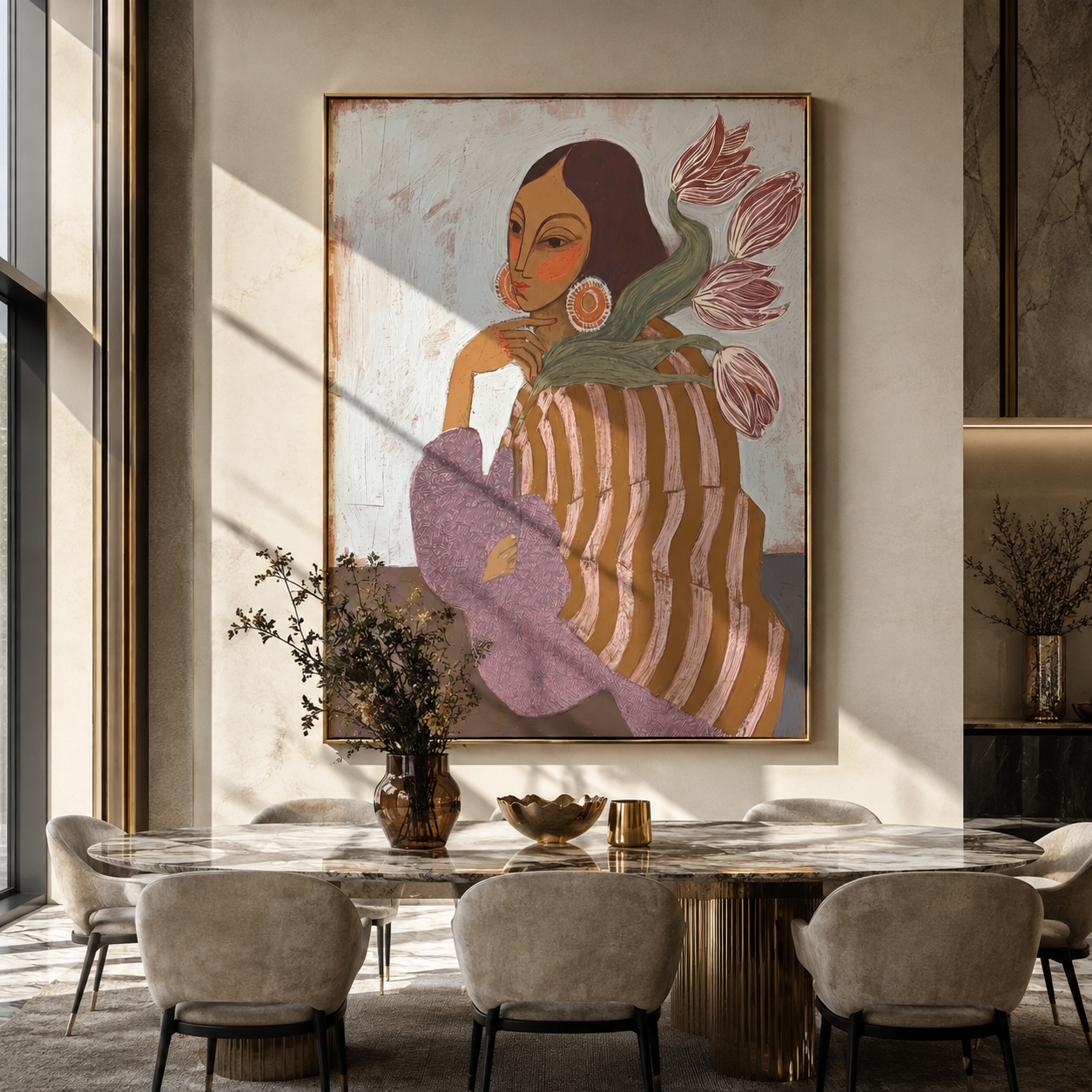 Pink Tulips Lean Close - striped woman with flowers by Marcus Lau, Retro Modern vertical wall art – styled room scene view 4