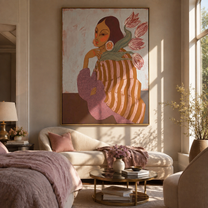 Pink Tulips Lean Close - striped woman with flowers by Marcus Lau, Retro Modern vertical wall art – styled room scene view 5