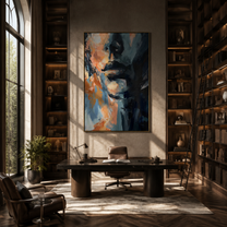 Blue Shadow Splits Face - abstract blue male face by Marcus Lau, Retro Modern vertical wall art – styled room scene view 1