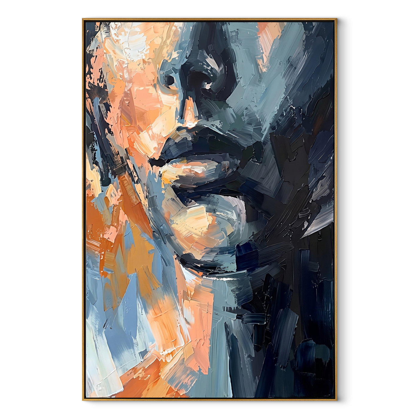 Blue Shadow Splits Face - abstract blue male face by Marcus Lau, Retro Modern vertical wall art – wood frame on white background