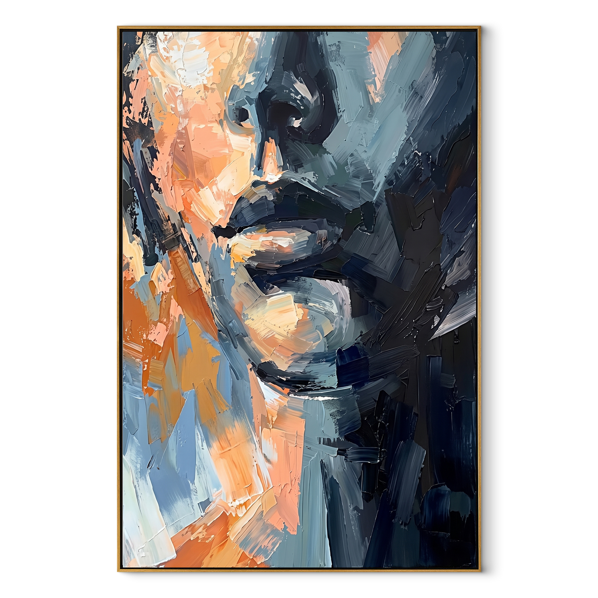 Blue Shadow Splits Face - abstract blue male face by Marcus Lau, Retro Modern vertical wall art – wood frame on white background