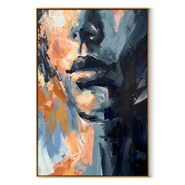 Blue Shadow Splits Face - abstract blue male face by Marcus Lau, Retro Modern vertical wall art – wood frame on white background
