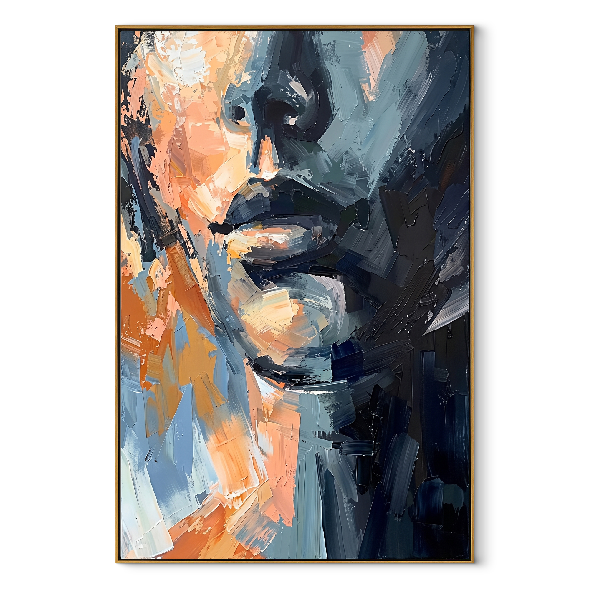 Blue Shadow Splits Face - abstract blue male face by Marcus Lau, Retro Modern vertical wall art – wood frame on white background