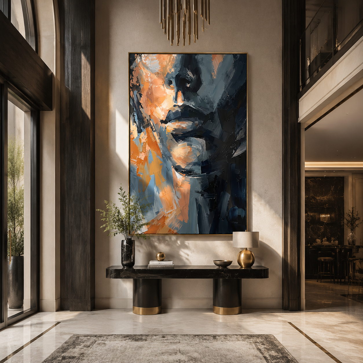 Blue Shadow Splits Face - abstract blue male face by Marcus Lau, Retro Modern vertical wall art – styled room scene view 2