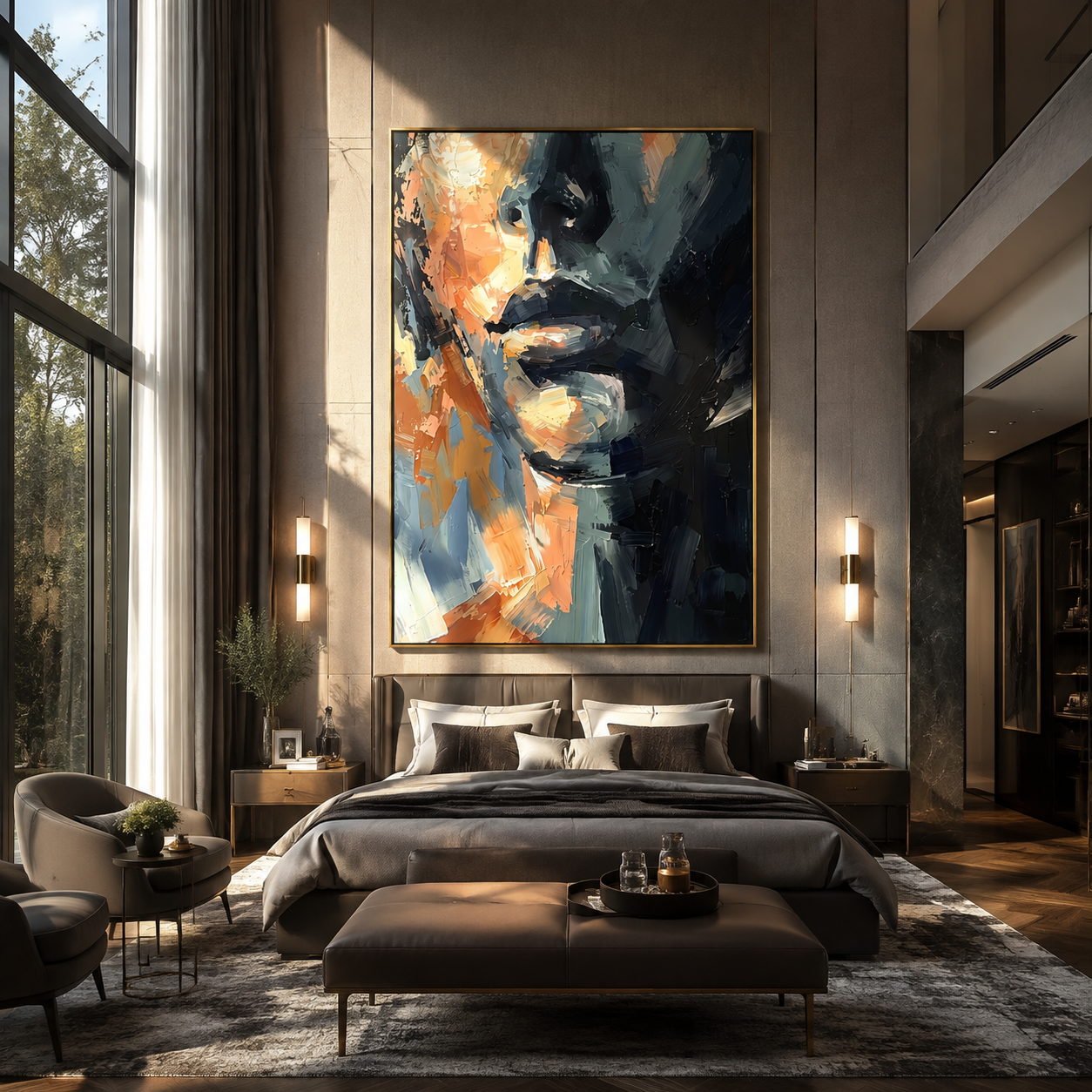 Blue Shadow Splits Face - abstract blue male face by Marcus Lau, Retro Modern vertical wall art – styled room scene view 3
