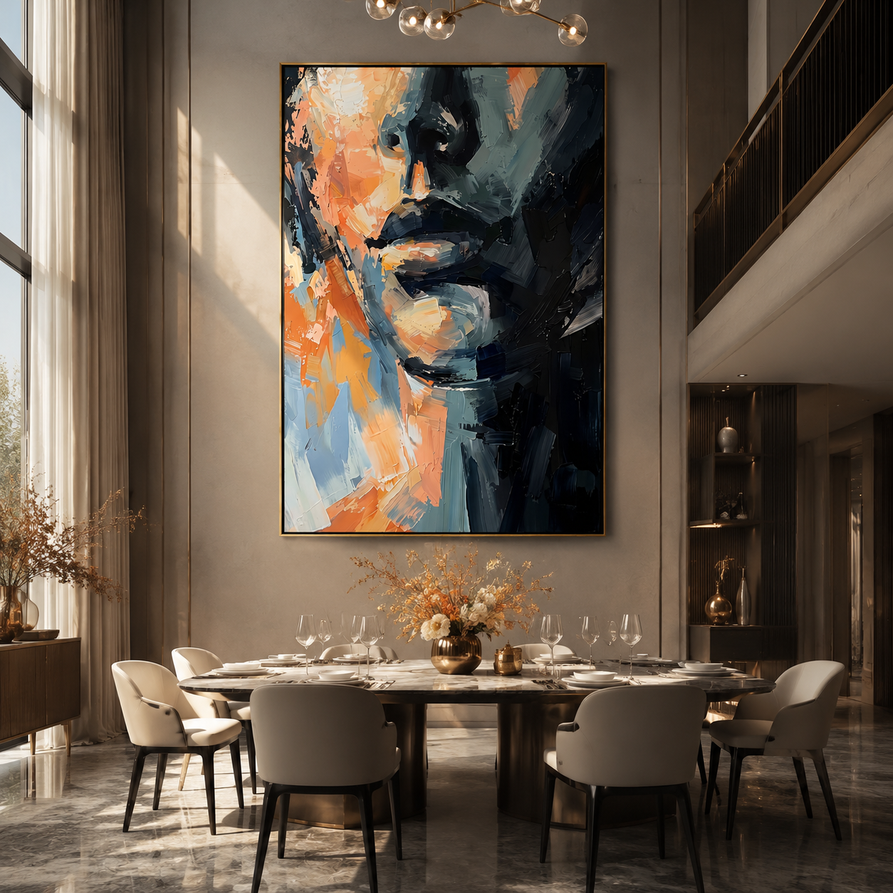 Blue Shadow Splits Face - abstract blue male face by Marcus Lau, Retro Modern vertical wall art – styled room scene view 4