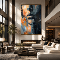 Blue Shadow Splits Face - abstract blue male face by Marcus Lau, Retro Modern vertical wall art – styled room scene view 5