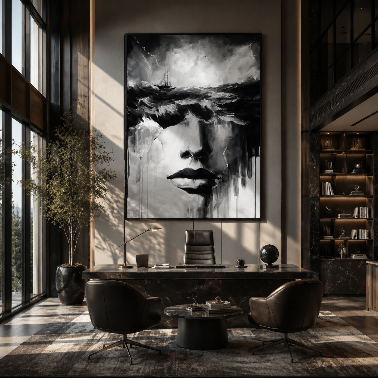 Storm Water Becomes Her - woman face beneath storm by Marcus Lau, Retro Modern vertical wall art – styled room scene view 1