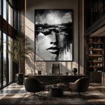 Storm Water Becomes Her - woman face beneath storm by Marcus Lau, Retro Modern vertical wall art – styled room scene view 1