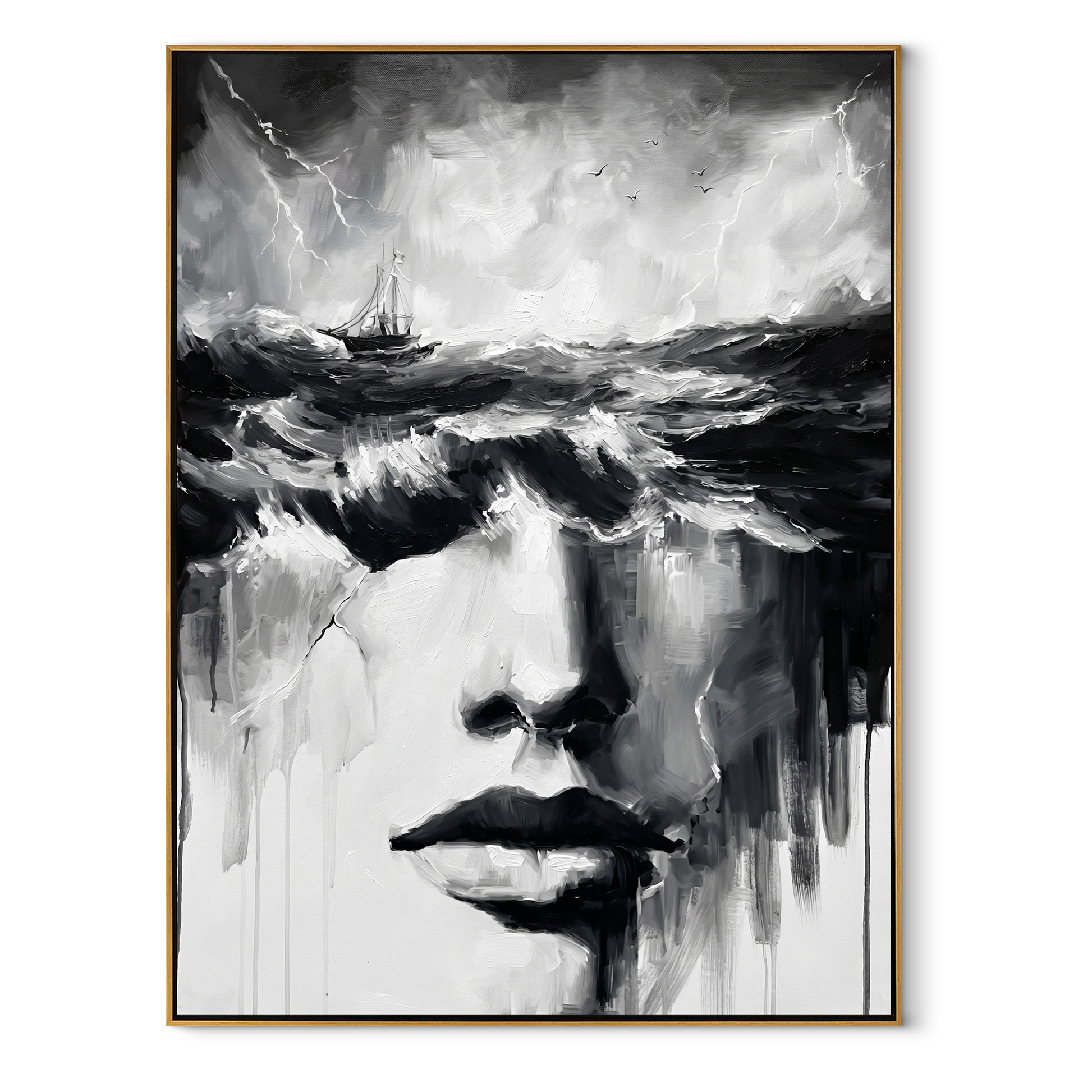 Storm Water Becomes Her - woman face beneath storm by Marcus Lau, Retro Modern vertical wall art – wood frame on white background