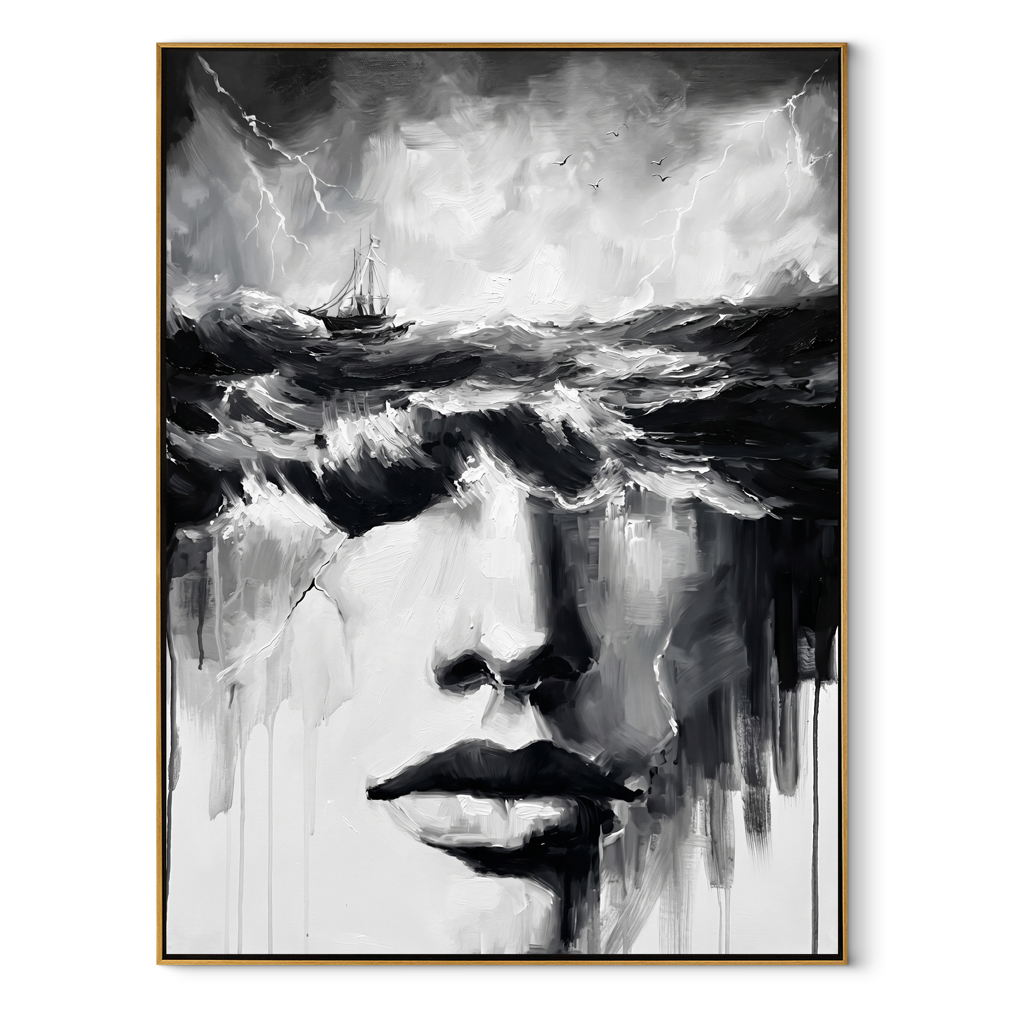 Storm Water Becomes Her - woman face beneath storm by Marcus Lau, Retro Modern vertical wall art – wood frame on white background