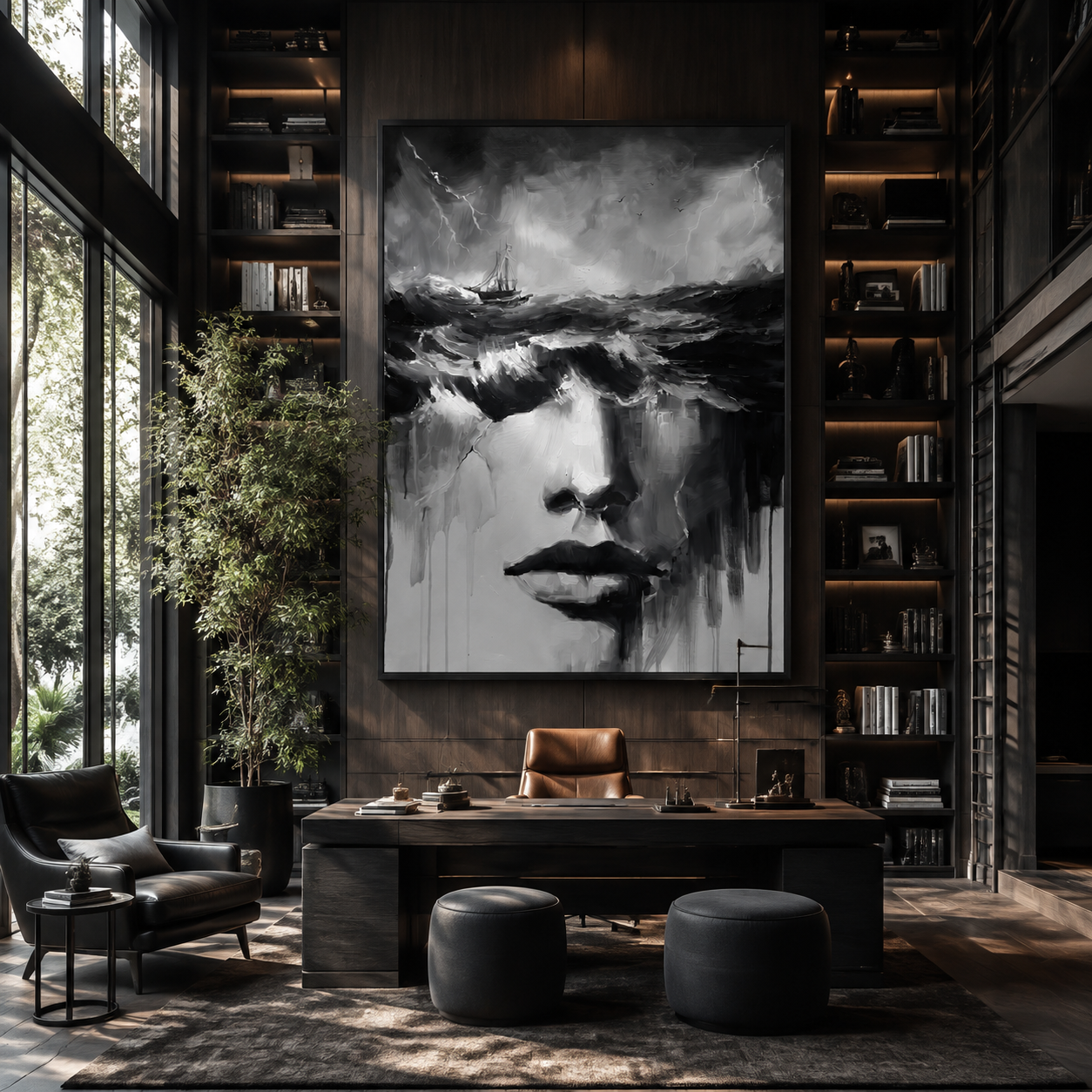 Storm Water Becomes Her - woman face beneath storm by Marcus Lau, Retro Modern vertical wall art – styled room scene view 2