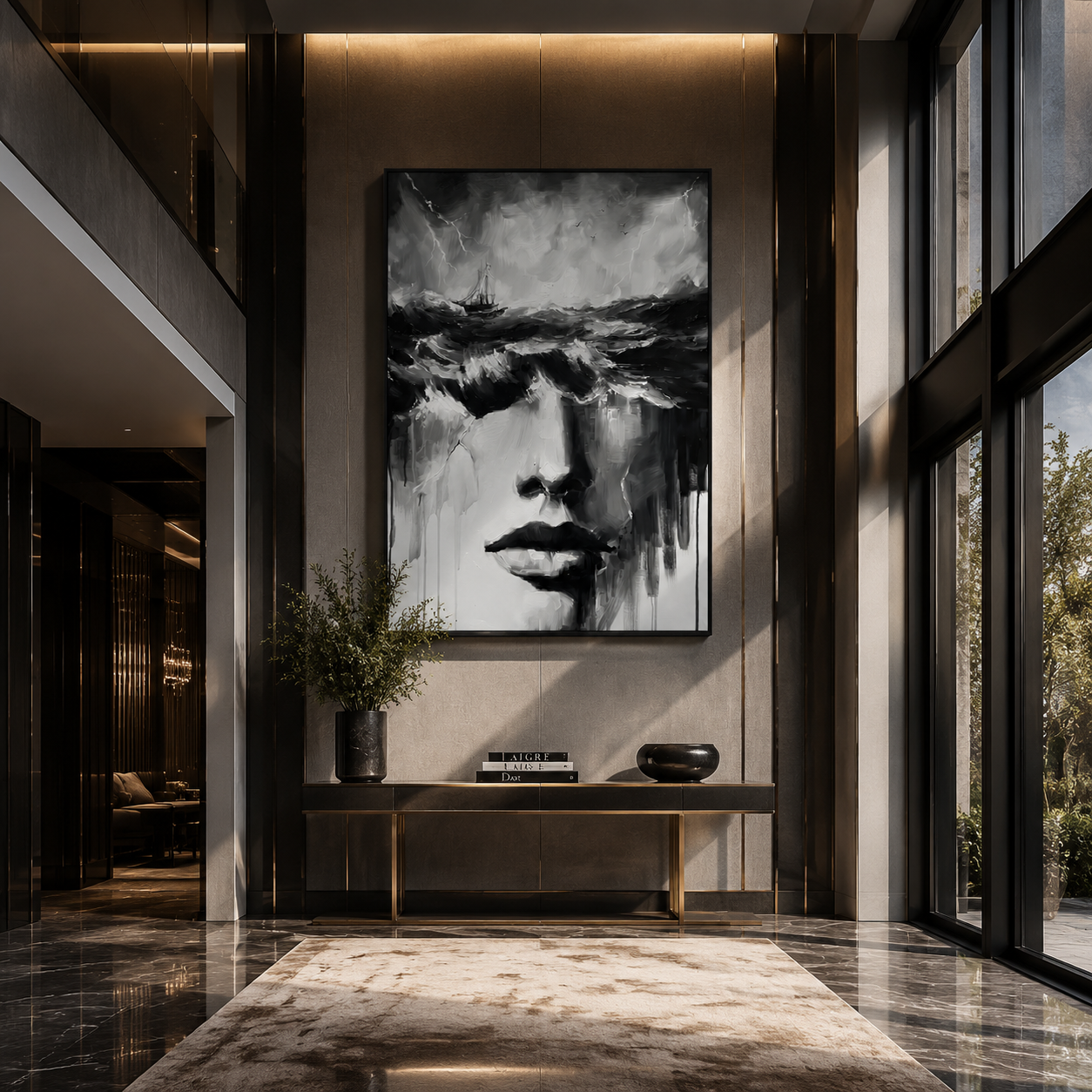 Storm Water Becomes Her - woman face beneath storm by Marcus Lau, Retro Modern vertical wall art – styled room scene view 3
