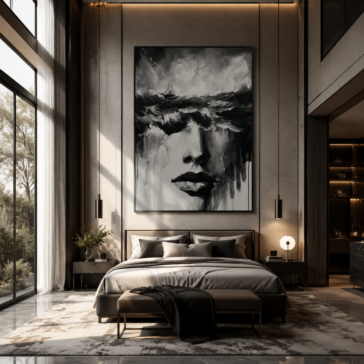 Storm Water Becomes Her - woman face beneath storm by Marcus Lau, Retro Modern vertical wall art – styled room scene view 4