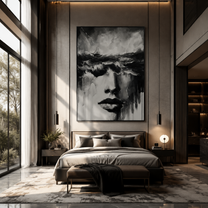 Storm Water Becomes Her - woman face beneath storm by Marcus Lau, Retro Modern vertical wall art – styled room scene view 4