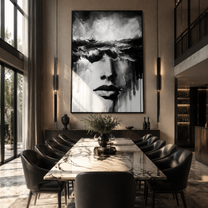Storm Water Becomes Her - woman face beneath storm by Marcus Lau, Retro Modern vertical wall art – styled room scene view 5