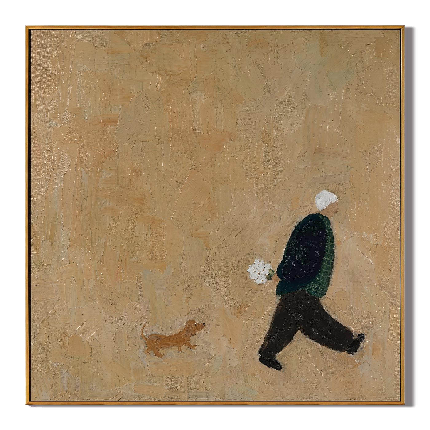 Small Dog Vast Afternoon — Minimalist Dog Walker Painting | Minimalist Figurative Square Wall Art – gold minimalist figurative people & pets art, square hand-painted canvas art – view 1