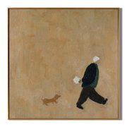Small Dog Vast Afternoon — Minimalist Dog Walker Painting | Minimalist Figurative Square Wall Art – gold minimalist figurative people & pets art, square hand-painted canvas art – view 1
