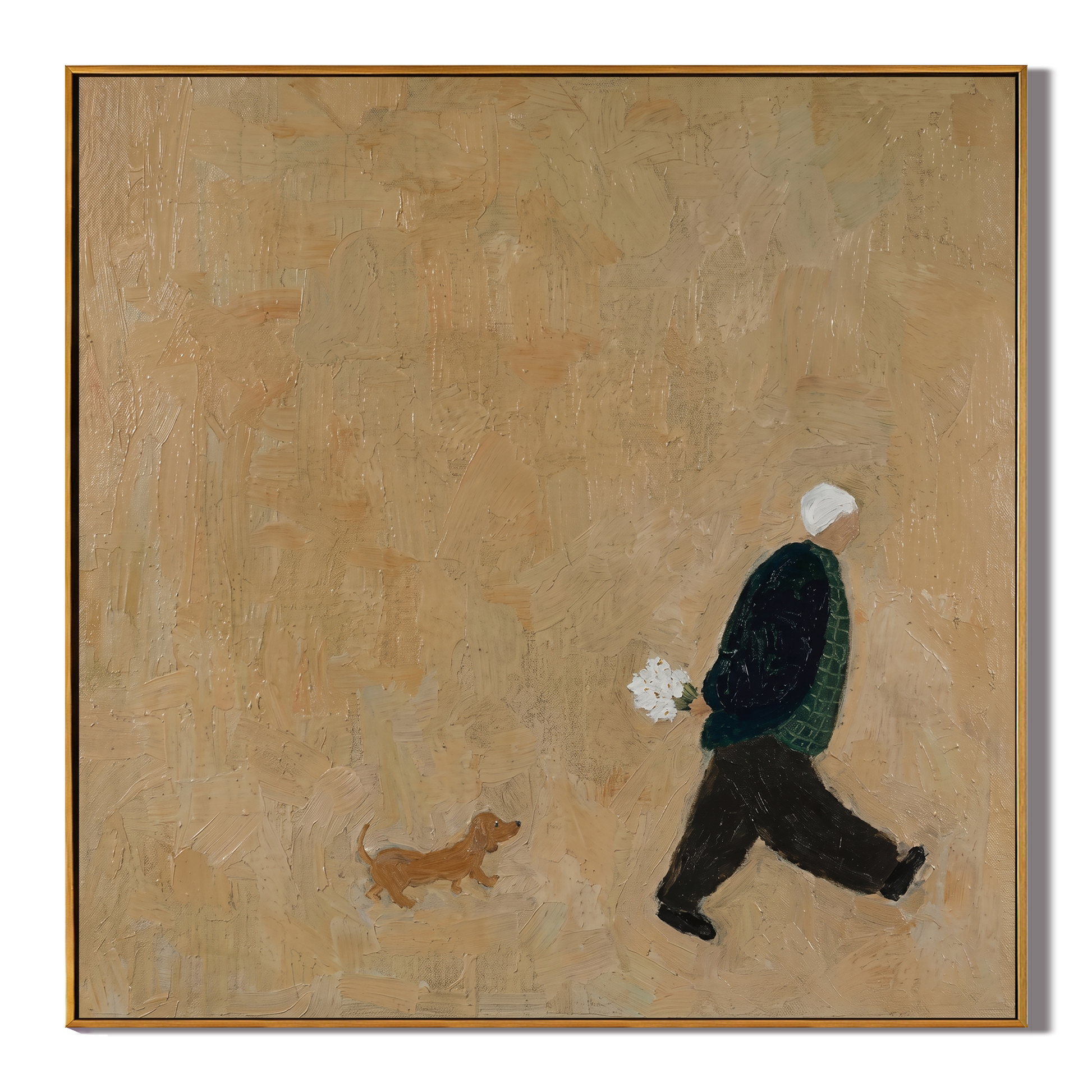 Small Dog Vast Afternoon — Minimalist Dog Walker Painting | Minimalist Figurative Square Wall Art – gold minimalist figurative people & pets art, square hand-painted canvas art – view 1