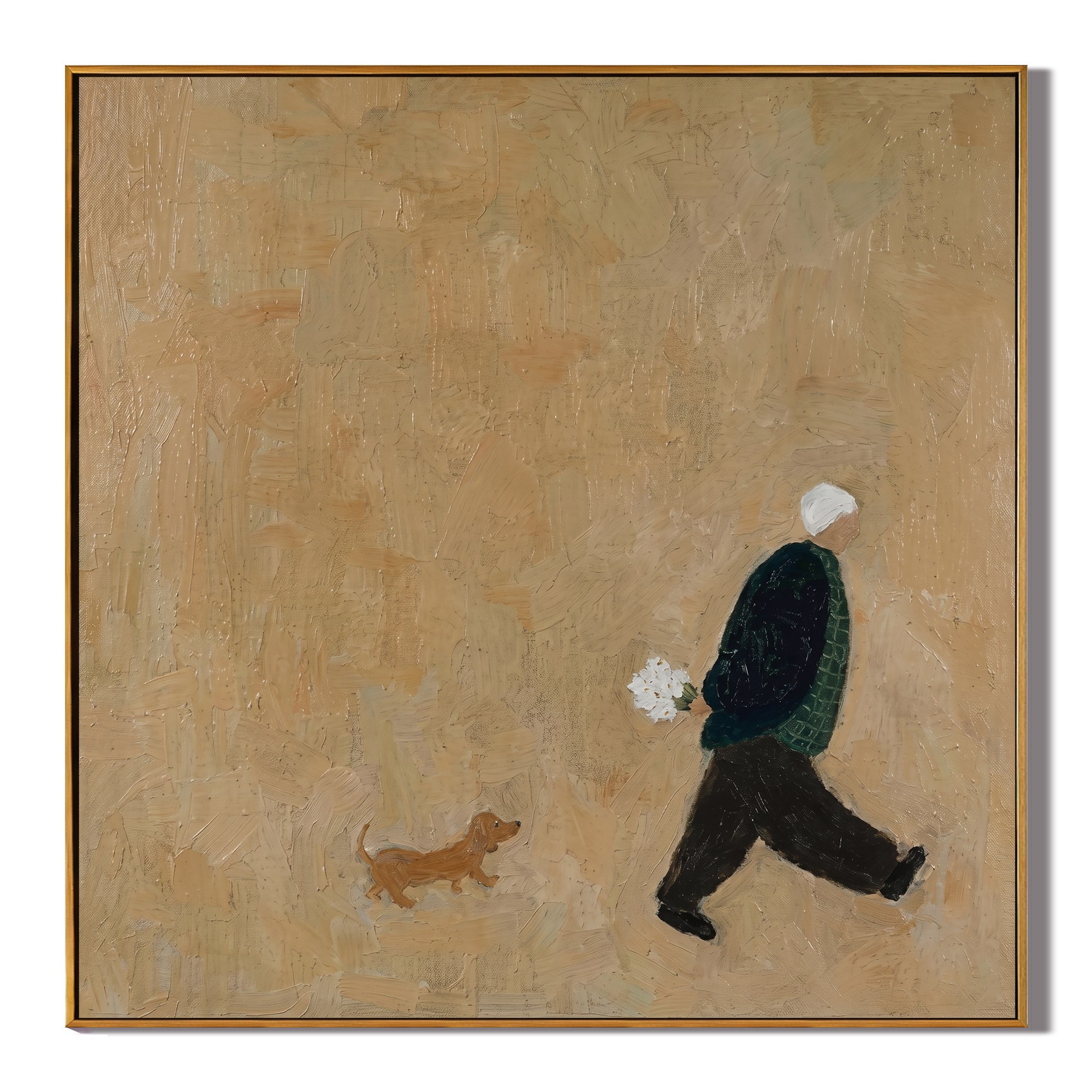 Small Dog Vast Afternoon — Minimalist Dog Walker Painting | Minimalist Figurative Square Wall Art – gold minimalist figurative people & pets art, square hand-painted canvas art – view 1