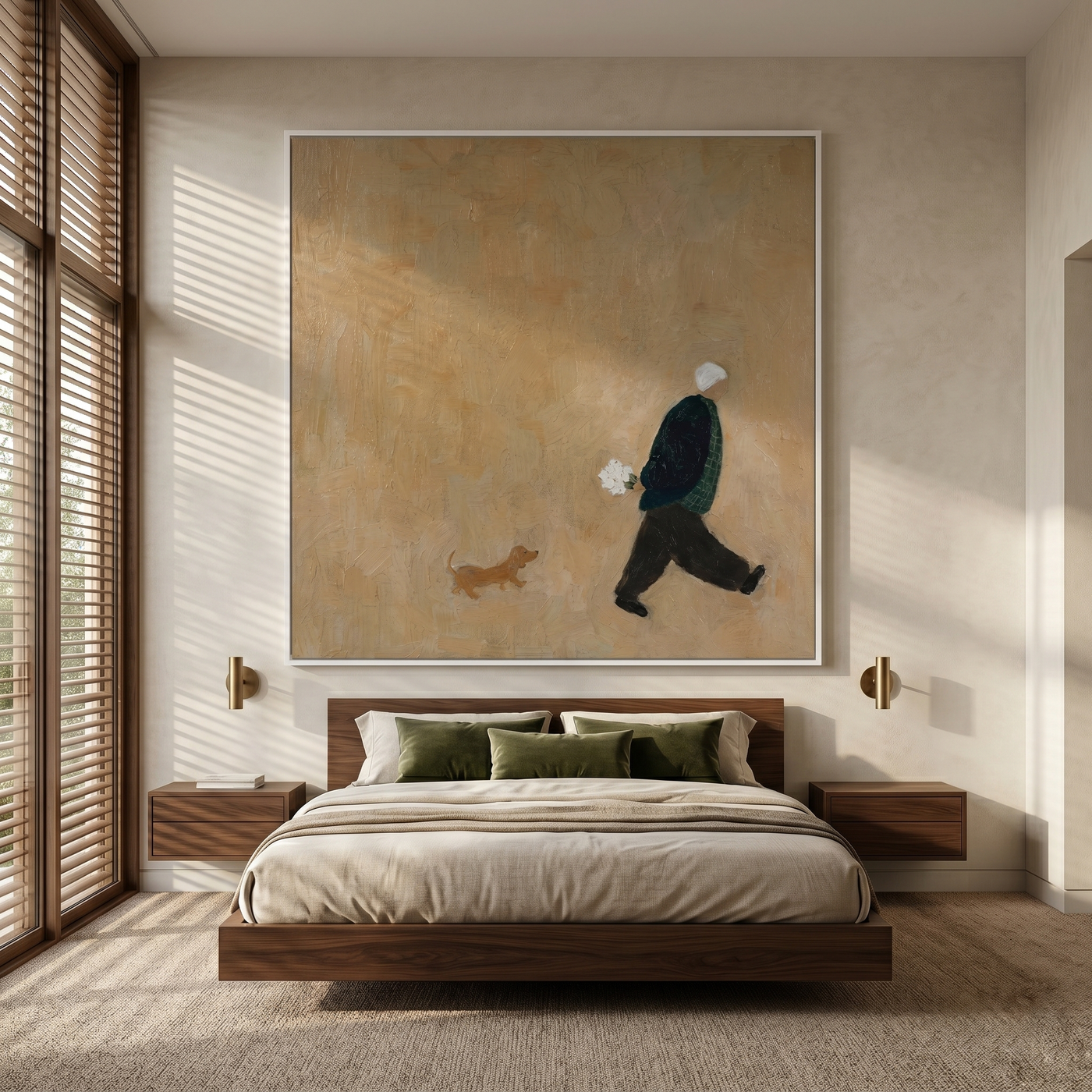 Small Dog Vast Afternoon — Minimalist Dog Walker Painting | Minimalist Figurative Square Wall Art – gold minimalist figurative people & pets art, square hand-painted canvas art – view 4