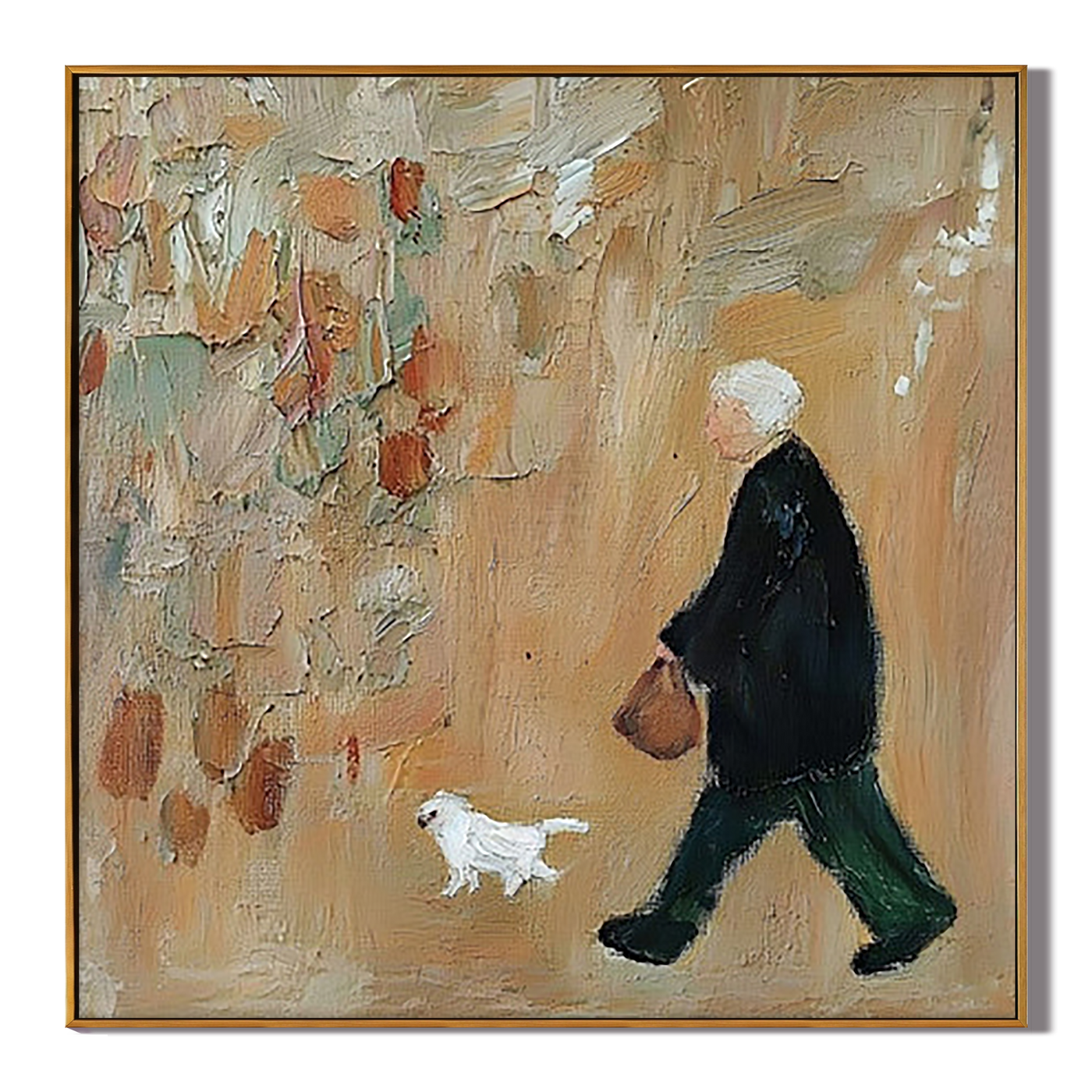 White Dog Keeps Pace — Elderly Dog Walker Painting | Minimalist Figurative Square Wall Art – brown and gold minimalist figurative people & pets art, square hand-painted canvas art – view 1